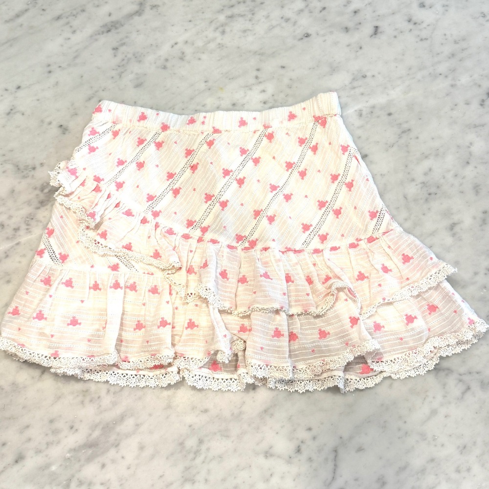 LoveShackFancy Pink White Cotton Ruffle Mini Skirt Lace Trim Size L Floral Dobby